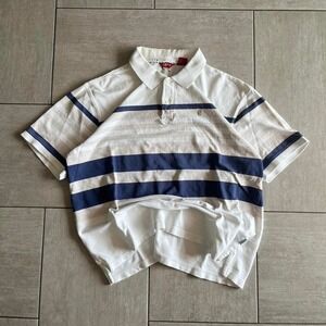 IZOD Luxury Sport Mens XL Striped Polo Shirt White Blue Tan Short Sleeve SH0144